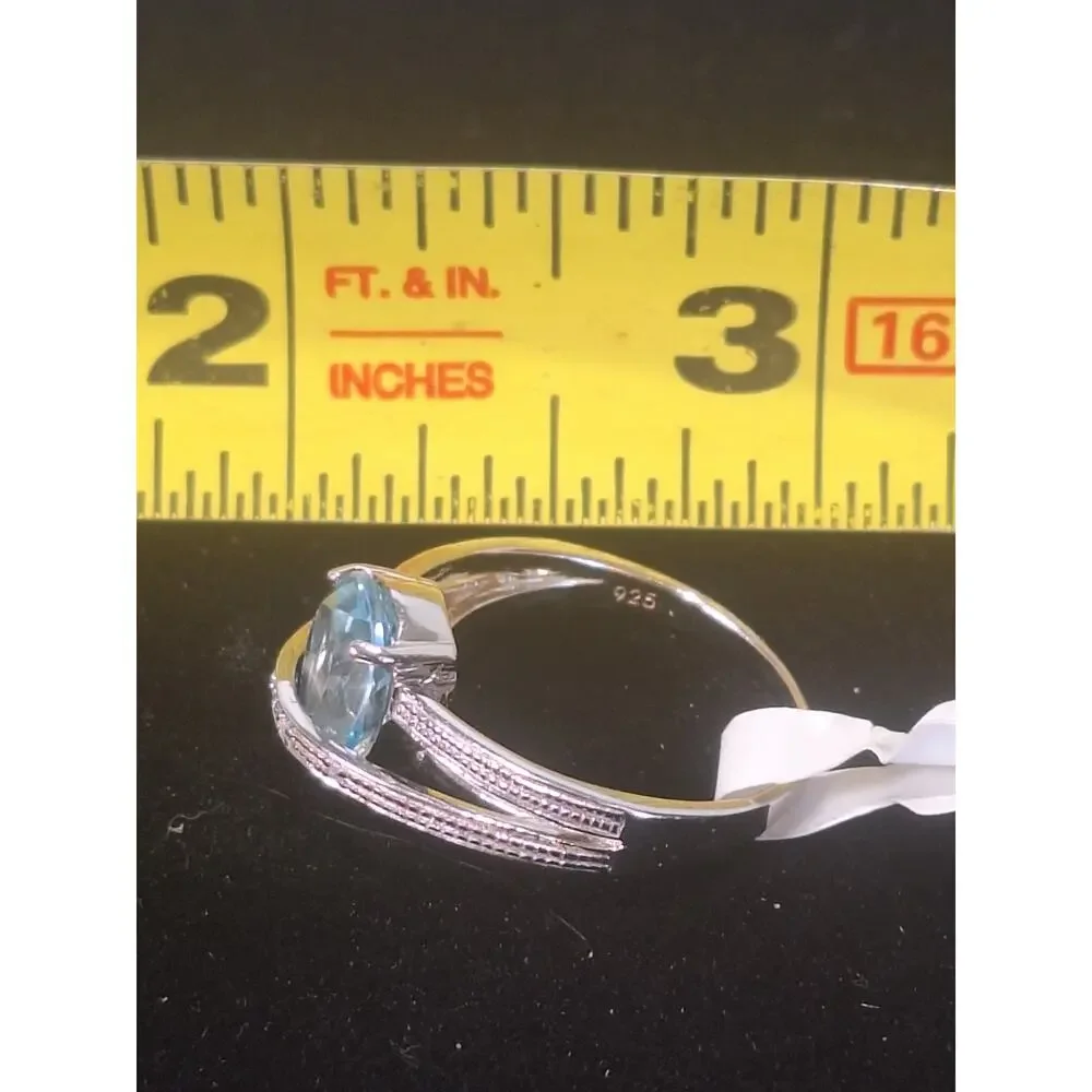 925 Sterling Silver Natural Blue Topaz Ring Oval Light Blue CZ Sz 6.5 - NIB